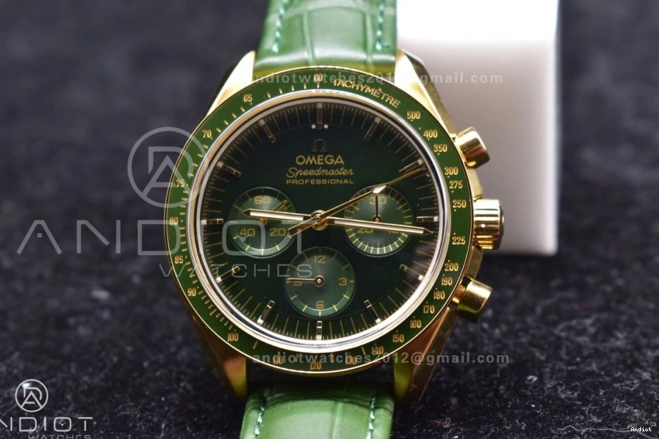 Gold Green Speedmaster Manual Green on Moonshine Strap Dial Edition RMF in Chrono YG Moonwatch Best Leather 0201